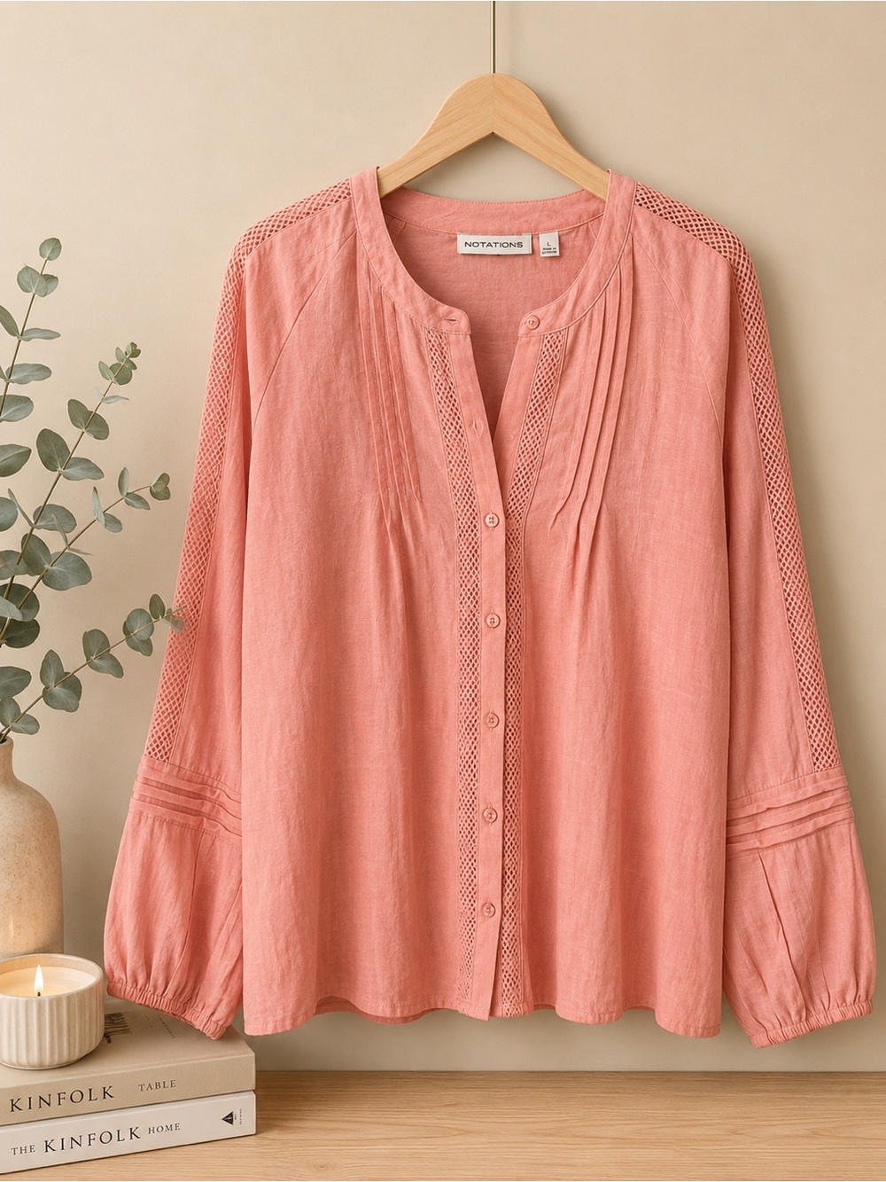 Notations Coral Pink Crochet-Trim Button Front Blouse - Picture 1 of 4